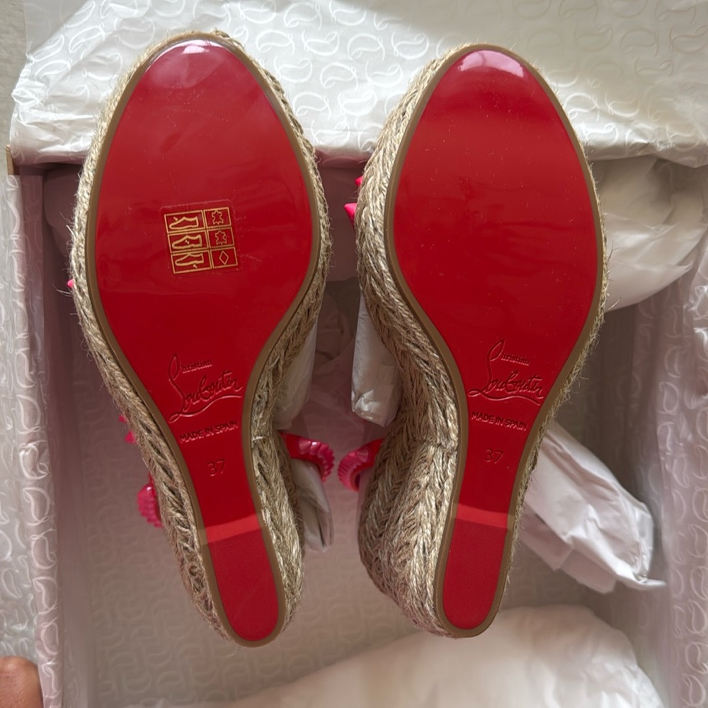 Christian louboutin mafaldina 120mm wedge espadrille pink neon sandal sz 37 - Picture 10 of 15